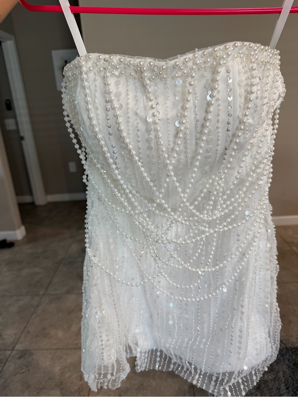 Strapless White Beaded Evening Dress